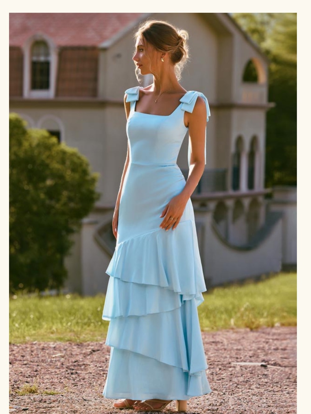 Light Blue Maxi Dress with Bow Shoulder Straps
